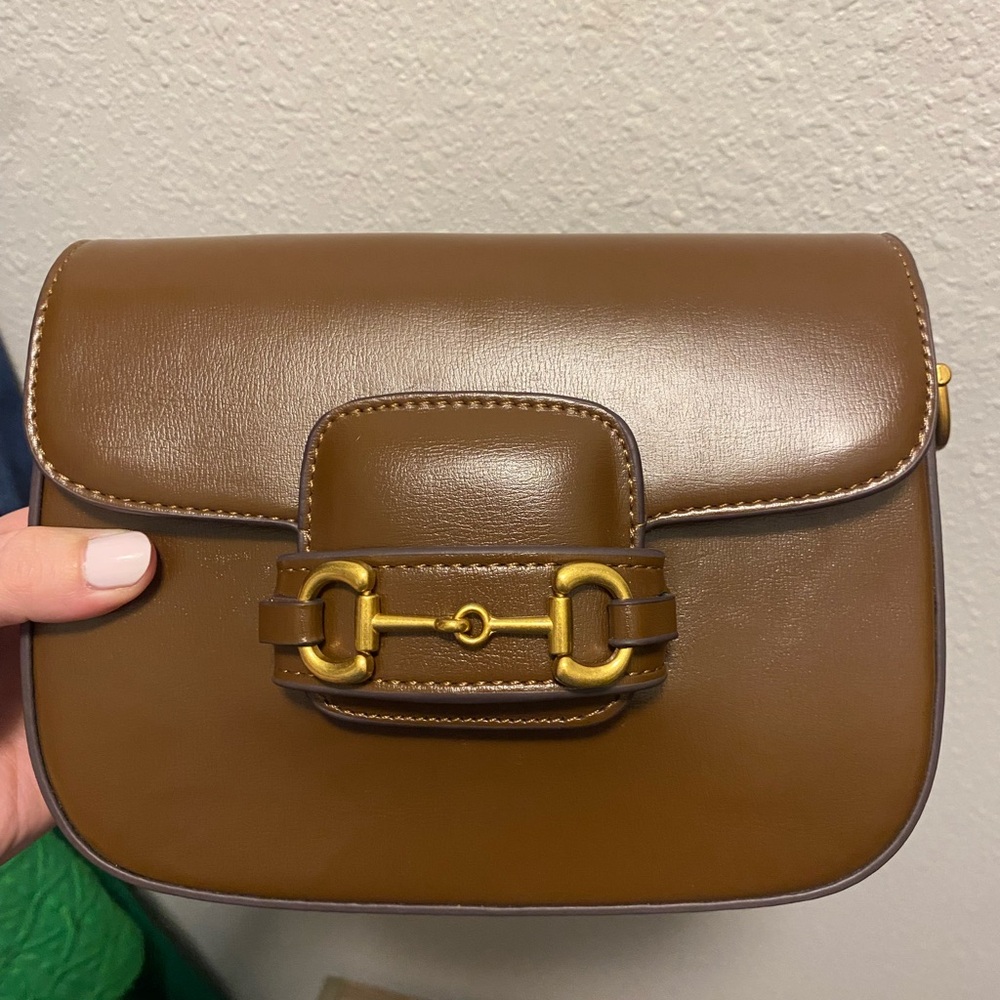 Horsebit Style Brown Leather Crossbody Bag | Stripe & Leather Straps